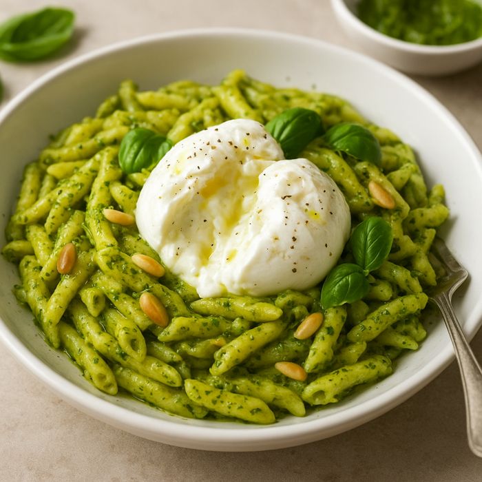 Pasta al pesto con burrata cremosa