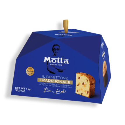 Motta Traditional Panettone with candied fruit and raisins on a festive background