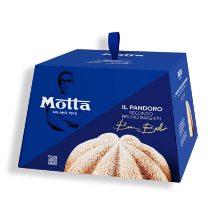Motta Bruno Barbieri Pandoro, soft and golden with powdered sugar on a festive background