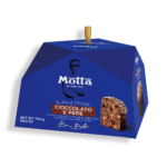 Motta Chocolate and Pear Panettone with sliced pieces on a festive background