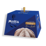 Motta Chocolate and Coconut Pandoro with chocolate chips on a festive background