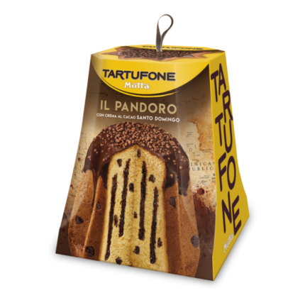 Tartufone Pandoro with chocolate coating and soft pandoro center on a festive background