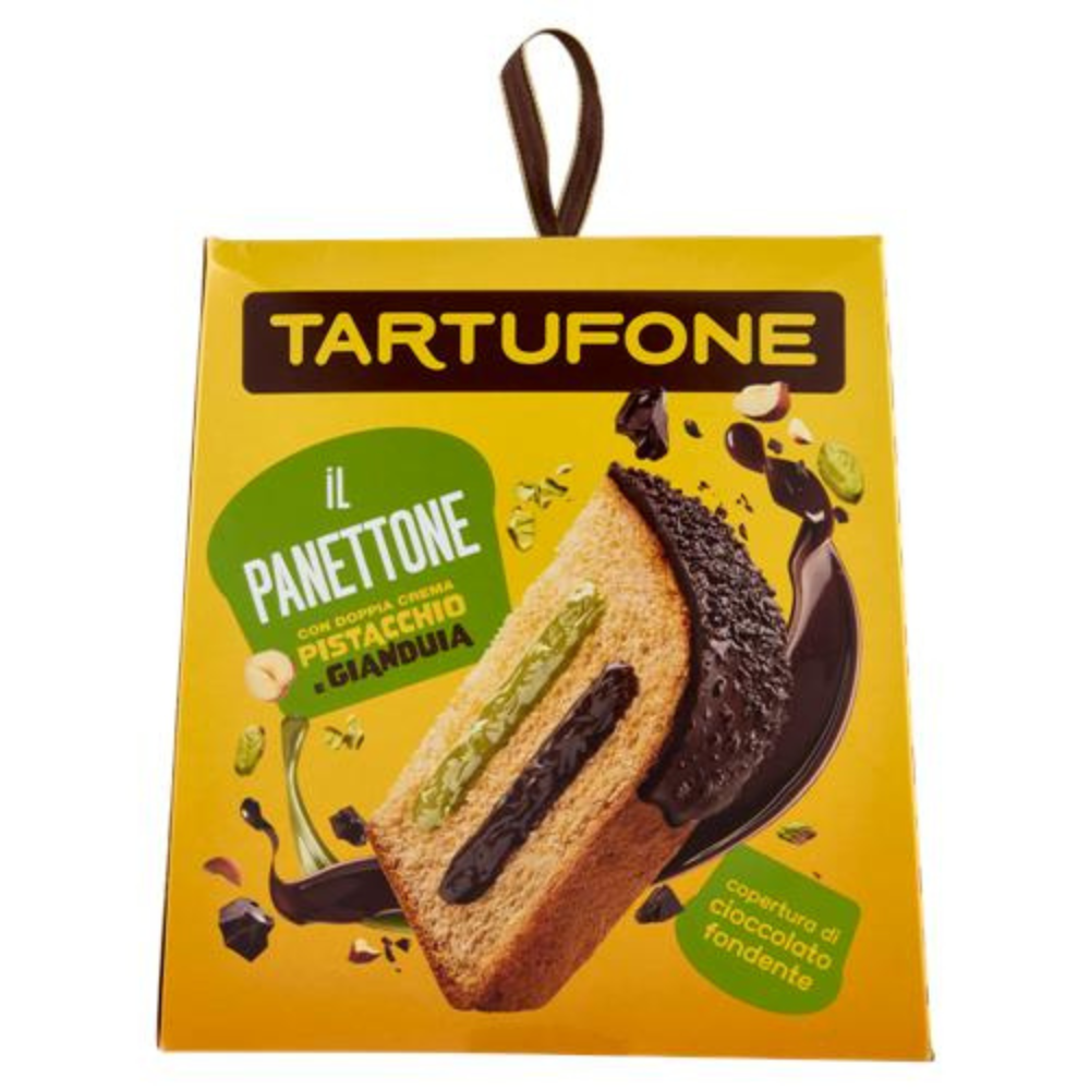 Tartufone Pandoro Pistachio and Gianduia Tartufone Pandoro with pistachio and gianduia cream, sliced on a festive background