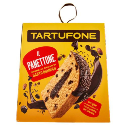 Tartufone Chocolate Panettone with sliced piece on a festive background